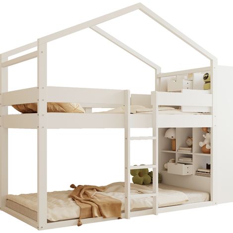 Lit superposé 90x200 cm en bois massif et MDF blanc, avec rangements intégrés aux têtes, sommier à lattes (haut) (1/5)