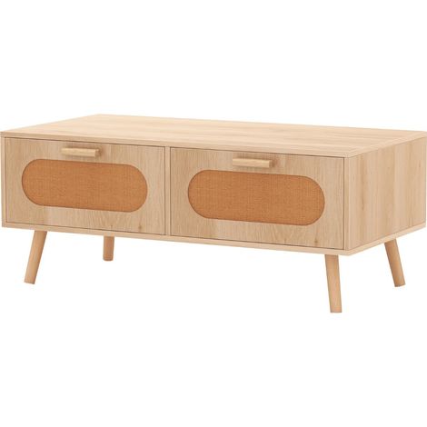 Tavolino rettangolare 100 x 50 x 41 cm con 2 cassetti portaoggetti e stile bohémien in legno naturale 200013771