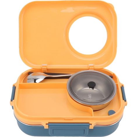 Boîte à lunch Bento, 1100 ml, double compartiment à 3 compartiments, en acier inoxydable 304, isotherme, avec baguettes, cuillère et bol à soupe, idéale pour enfants, étudiants et adultes (bleu et jau (1/5)
