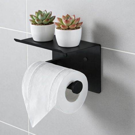 1 - Porte-Papier Toilette - Étagère De Rangement - Acier Inoxydable Antirouille - Fixation Adhésive Ou À Visser - Pour Salle De Bain - Noir - 25x12cm (1/5)