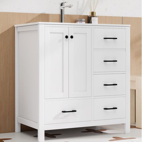 Meuble vasque salle de bain 76x46x82 cm sur pied avec 4 tiroirs, rangements et lavabo céramique, MDF blanc (1/5)