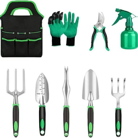 Outils de Jardinage, 9 Pièces Ensemble d'outils de Jardin avec Sac de Rangement, Râteaux,Transplanter, Gants de, Tapis Végétal (1/5)