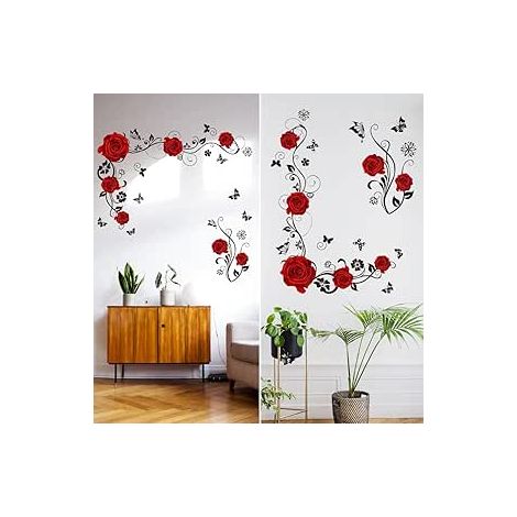SHINING HOUSE Stück Wandaufkleber, Wandaufkleber, Blumen-Wandaufkleber, rote Rosen, Wandaufkleber, Blumen und Schmetterlinge, Wandaufkleber, Wohnzimmer, Wanddekoration, Schlafzimmer, Wohnzimmer, Büro (1/5)