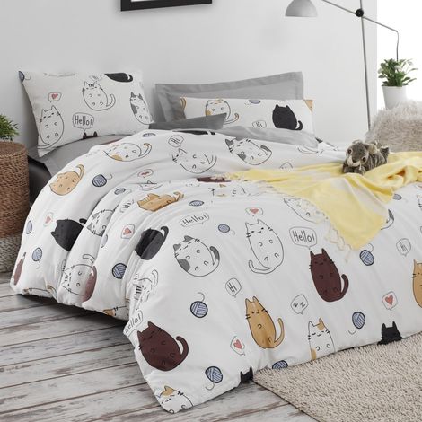 Parure housse de couette + 2 taies d'oreiller 240x220 Blanc Brun Gris
