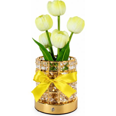 Lampe veilleuse pot cylindrique en cristal 5 tulipes jaunes, gradation 3 couleurs, interrupteur tactile, recharge USB, 765 g – Livraison gratuite (1/4)