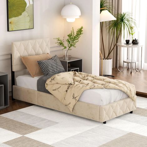 Letto contenitore imbottito 90x190 cm, letto per bambini con rete a doghe e testiera capitonné, velluto, beige, senza materasso (1/5)