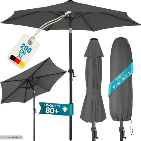 Kingsleeve® Sonnenschirm Balkon 200cm UV Schutz 80+ mit Schutzhülle Kurbel Strandschirm Neigbar Wasserabweisend Aluminium Windöffnung Gartenschirm anthrazit