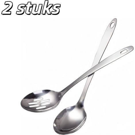 Lot de 2 cuillères de cuisine en acier inoxydable à long manche pour cuisson pâtisserie et service couleur argentée (1/5)