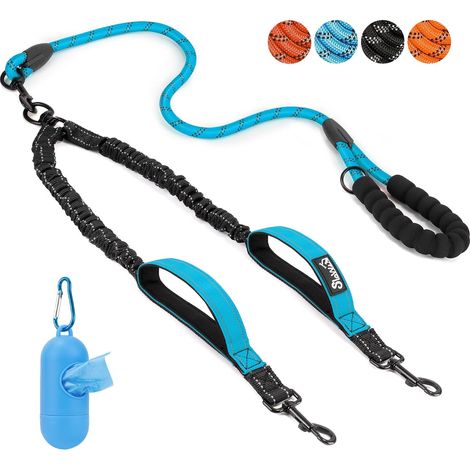 1 laisse double pour chien, réflexion 360°, poignées rembourrées, entraînement marche, 2 chiens 8-35 lbs