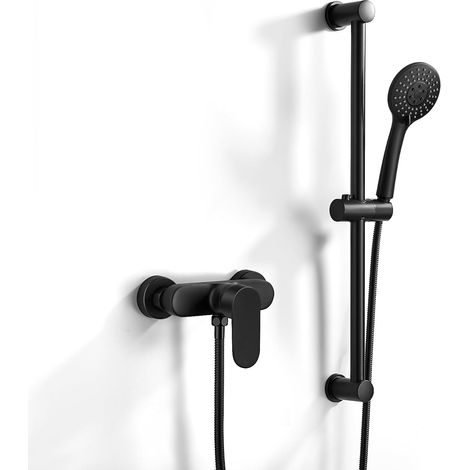 Mitigeur Monocommande Douche Noir, Robinet Mitigeur de Douche Mural avec Barre de Douche Réglable 635mm, Douchette à Main 3 Modes, Flexible 150mm (1/5)