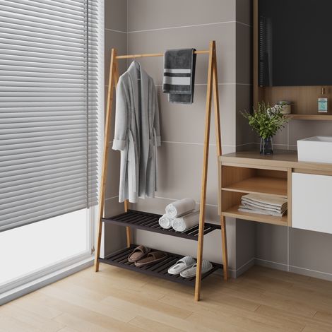 Portant à vêtements à 2 étagères, avec tringle robuste, armoire avec étagère à chaussures, pour entrée, chambre, dressing ouvert. Porte-manteau en bambou, étendoir à linge avec tringle. (1/4)