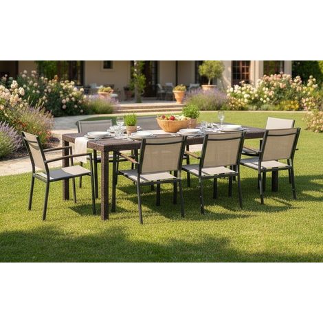 Dmora Mesa de jardín Roma, Mesa de comedor extensible rectangular, Mesa de jardín extensible efecto ratán, 100% Made in Italy, Cm 150x90h72, Marrón