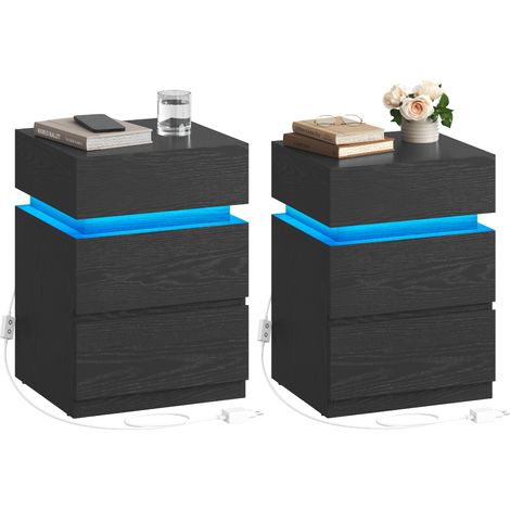 VASAGLE Lot de 2 Tables de chevet, avec Bande LED Multicolore Réglable, 3 Tiroirs, Style Moderne, 35 x 40 x 55 cm, Noir Boisé (1/5)