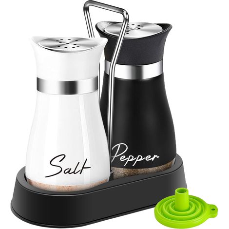Ensemble salière et poivrière avec support en acier inoxydable avec fond en verre, rechargeable, gadgets de cuisine pour comptoir, table décorative moderne (noir + blanc) (1/5)