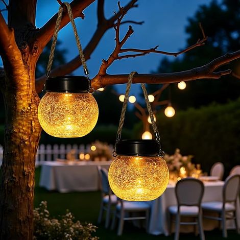 Lot de 2 Lanternes Solaires Extérieur de Jardin, Boules en Verre Craquelé IP65 Étanche,Lampes Solaires Suspendues avec 2 Modes (Ambre Chaud & Changement de Couleur RGB) pour Déco Terrasse,Arbre,Fête (1/5)