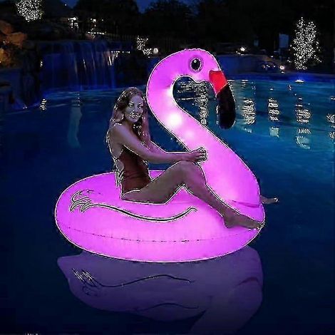 Bouée gonflable en forme de flamant rose avec lumières LED, alimentée par l'énergie solaire, pour les loisirs aquatiques en été.-AquaForge (1/5)