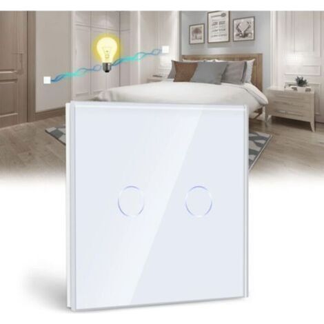 Interruptor táctil de 2 vías y 2 módulos, blanco, panel de cristal con indicador LED integrado, no requiere cable neutro, compatible con instalaciones existentes. (1/5)