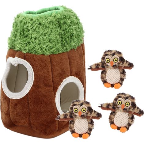 Peluche couineuse douce en forme de trou d'arbre pour chien, jouet de recherche et de cache-cache avec hibou en peluche - Accessoires pour animaux de compagnie (1/5)