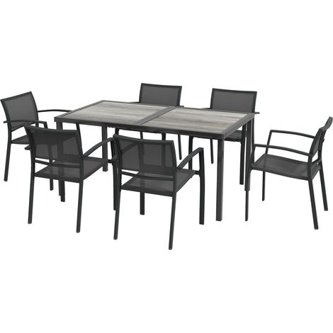 Set Tavolo e 6 Sedie Impilabili da Giardino in Tessuto a Rete e Tavolo Effetto Legno Grigio (1/5)