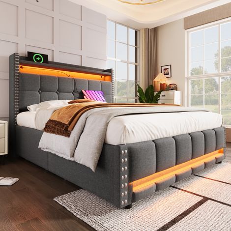 Letto imbottito 140x200 cm, con illuminazione a LED e presa USB, ripiani e contenitore, grigio (1/5)