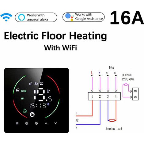 Calentador Eléctrico 16A Termostato WIFI Inteligente AC 90V-240V Pantalla Táctil Inteligente a Color Programable para Calentador Eléctrico, Tuya APP Control Remoto Móvil con Conexión de Voz para Hogar (1/5)
