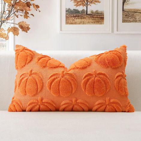 Set di 1 federa per cuscino in morbido velluto di lana a pelo corto, decorazione autunnale, federa di lusso per divano e camera da letto, arancione - zucca, 30 x 50 cm (1/5)