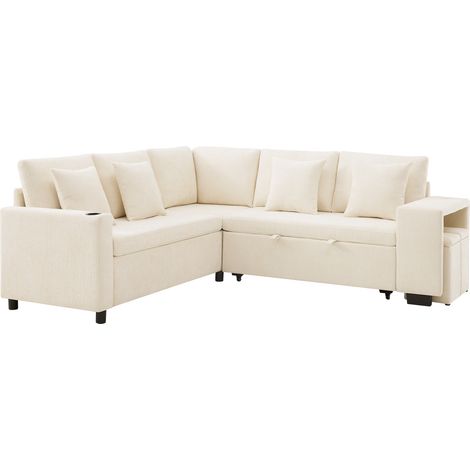 Sofá cama esquinero reversible en chenilla beige con almacenaje, portavasos, puertos USB y USB-C (1/5)