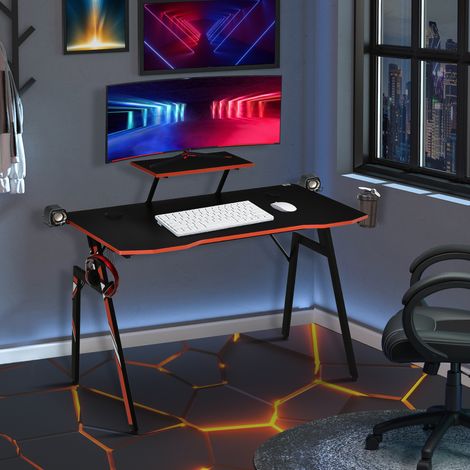 Bureau de table 120x60x94,5 cm Noir de jeu pour ordinateur PC avec support de moniteur et porte-gobelet pour haut-parleur, crochet casque en