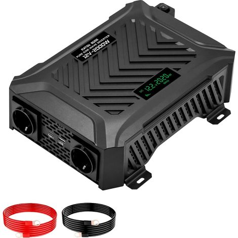 Convertisseur 12v 220v Pur Sinus 2000W Onduleur Peak 4000W, Transformateur 12V 220V de Tension avec écran LCD, 2 Prises EU, USB/Type-C, Onduleur pour RV Voiture, Caravane, Bateau, Camping (1/5)