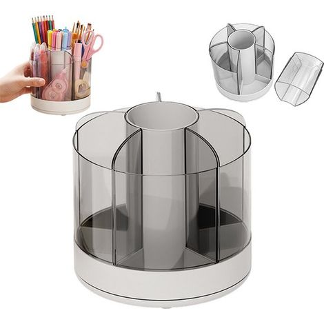 Porte-stylos rotatif - Organisateur de maquillage - Détachable - Plusieurs compartiments - 14 x 14 cm - Rotation à 360° - Blanc (1/5)