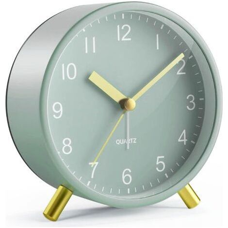 Silent Non-Ticking Analog Alarm Clock, Retro Metal Alarm Clock with Night Light and Large Dial, Battery Operated, Mint Green with Gold Details for Bedroom, Office (1/4)