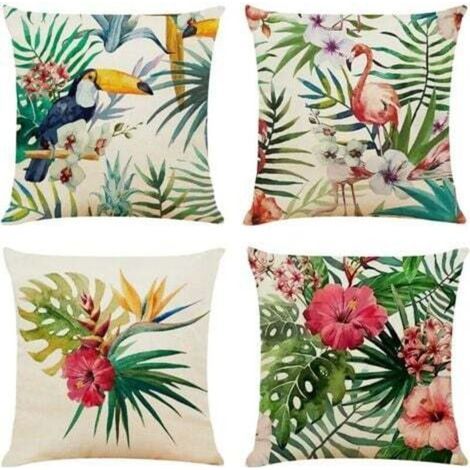 Housses de coussin déco 45x45 cm en lin vert – Lot de 4 avec motif tropical d’un seul côté (1/4)