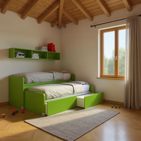 Coppia letti singoli scorrevoli con ruote e contenitori - Made in Italy - Verde mela