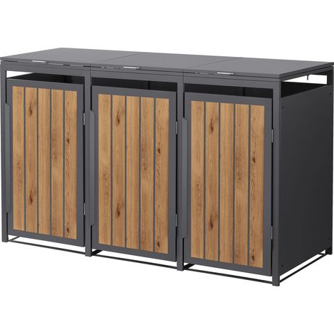 ML-Design Mülltonnenbox 3er, Mülltonnenverkleidung Anthrazit-Holzoptik für 3 Tonnen, 240L, 196x80x120 cm, aus Stahl, Müllbox wetterfest mit Klappdeckel und Tür, Mülltonnecontainer Mülltonnenabdeckung (1/5)