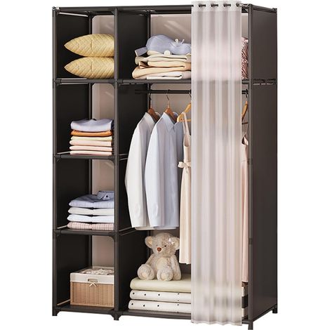 Wardrobe Storage Kit, Portable Canvas Wardrobe with Hanging Rail, Shelves, Closet Organizer for Clothes Storage in Bedroom, Living Room, Sturdy and Durable, Black - 103x42x160 cm (1/5)