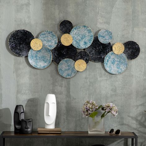 Cloison amovible Décoration murale 3D à cercles, 121 cm x 4 cm x 53 cm, métal bleu et noir. (1/5)