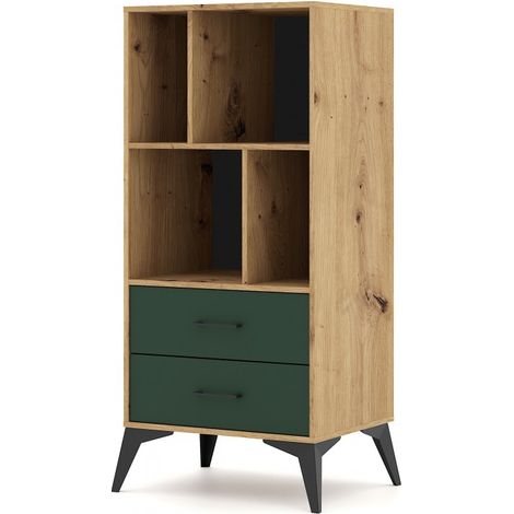 Bibliothèque à 4 étagères et 2 tiroirs LUGO coloris chêne vert 59,9x42x138,40 cm (1/5)