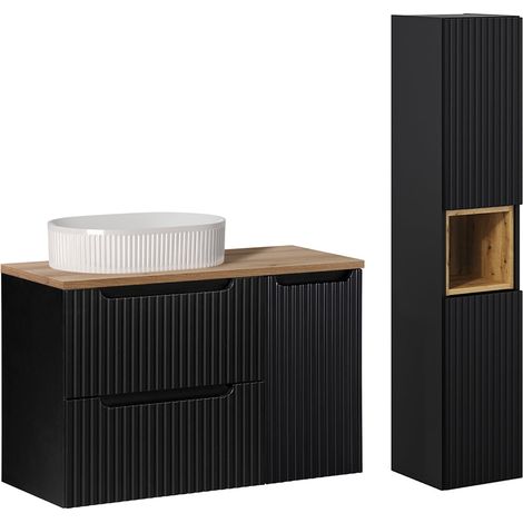 Conjunto mueble simple vasque 90cm 2 cajones 1 puerta y columna Riva Negro y Madera (1/5)