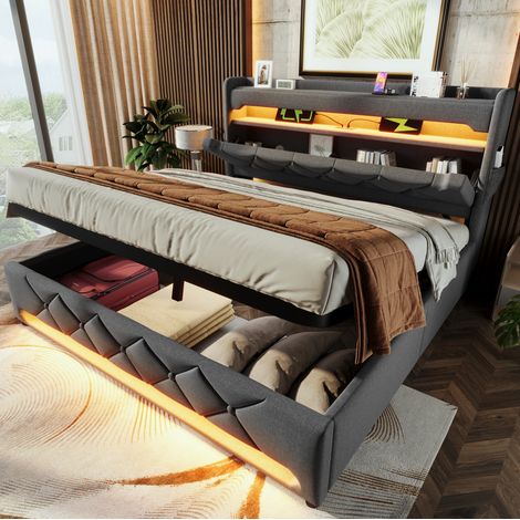Lit coffre 140x190 avec LED et USB en lin gris HAVRYA (1/5)