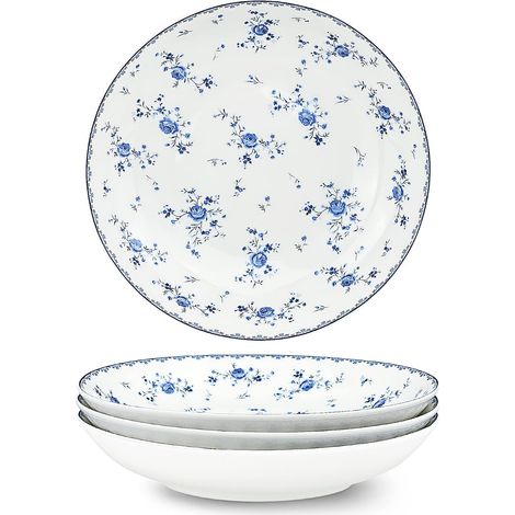 Lot de 4 assiettes à salade fleurs bleues 20 cm – Porcelaine 610 ml