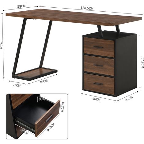 Bureau industriel 138,5 cm avec 3 tiroirs, table de travail et rangement, bureau d'atelier en bois, poste de bricolage, meuble de bureau robuste, référence LY316258AAB, 3 tiroirs coulissants, 138,5 cm (1/5)