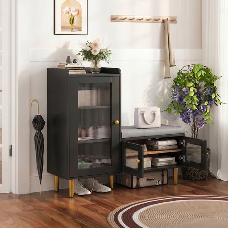 Meuble à chaussures, banc à chaussures avec 3 portes à poignées dorées, 3 étagères, coussin et pieds dorés, noir