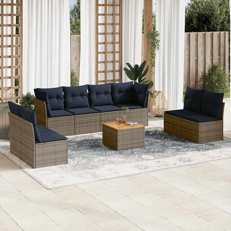 Set de sofás de jardín 9 pzas con cojines ratán sintético gris vidaXL (1/5)