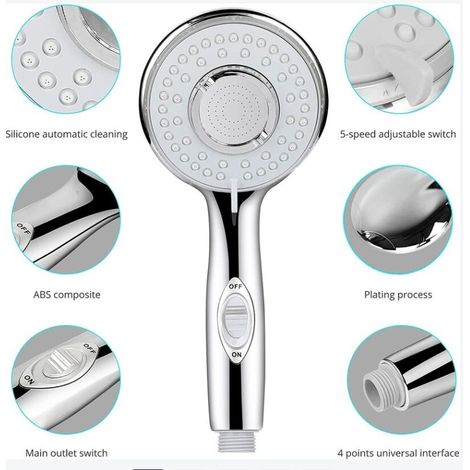 Pommeau Douche, Universel Pommeau de Douche Haute Pression, 5 Modes Economiseur d'eau et Bouton de l'interrupteur Douchette Pommeau Douche pour Le Bain et Le Spa-Acier Inoxydable (1/5)