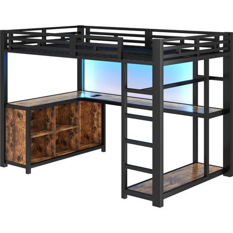 Metall-Hochbett 140 x 200 cm mit Schreibtisch, LED, USB und Stauraum, schwarz (1/5)