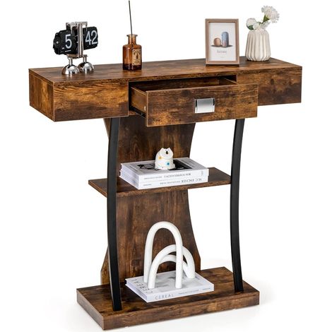 Goplus – Table console industrielle 3 niveaux – Tiroir coulissant – Dispositif anti-basculement – Dimensions 91x30x88 cm – Brun rustique (1/5)