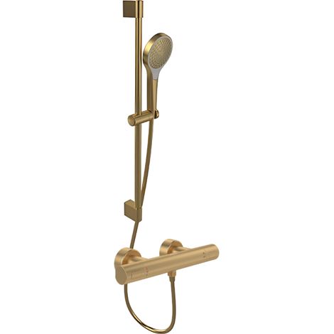 VILLEROY ET BOCH Grifería universal mezclador termostático de ducha redondo + Set de ducha Verve Duchas 3 chorros Oro Cepillado (1/5)