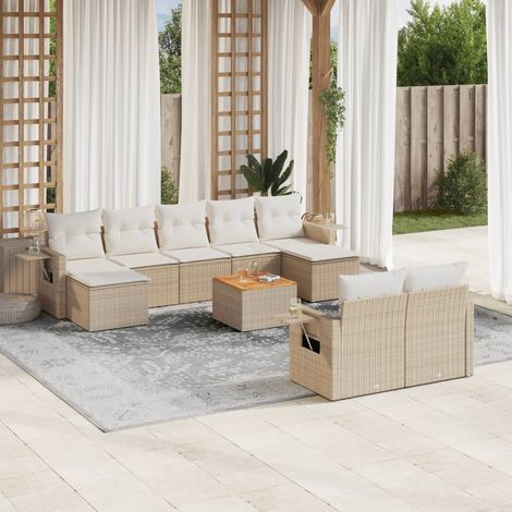 Salon de jardin modulaire 10 pièces en résine tressée beige avec coussins et plateau en acacia - PANGIVO (1/5)