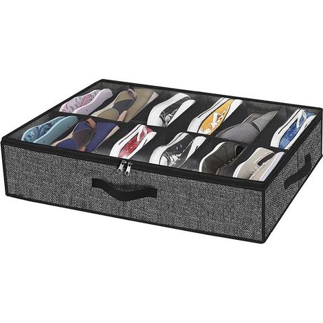 Lot de 2 Sac De Rangement pour Chaussures avec fenêtre Transparente - Organiseur à Chaussures pour Rangement 12 Compartiments boîte de Rangement sous Le lit, Noir Tissu en Lin (1/4)