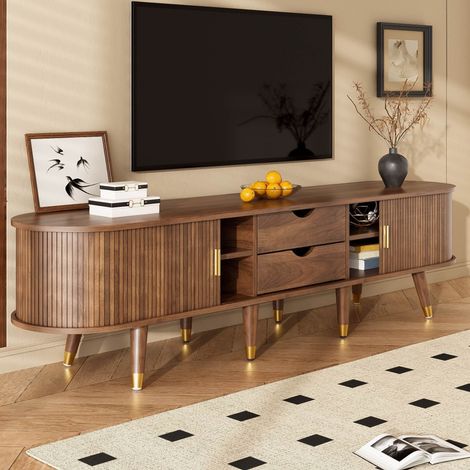 Meuble TV en bois 175  x 38  x 45 cm avec porte coulissante en rotin et compartiments ouverts,et 2 tiroirs et rangements MDF Noyer